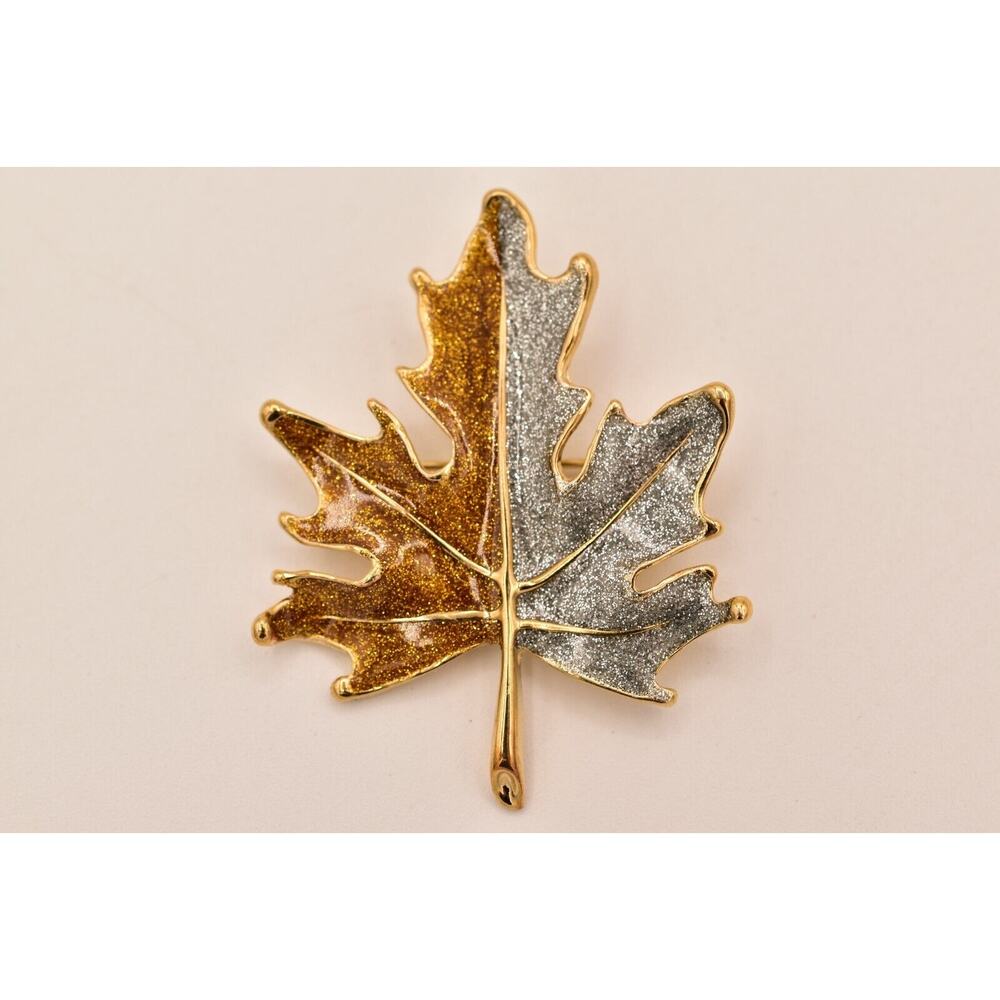 Vintage Autumn Fall Glitter Enamel Leaf Pin Brooch Silver Gold NOS 1990s BinA18 - Picture 2 of 12